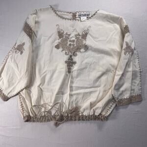 Vintage Custom Collection Boho Embroidered Peasant Blouse L Cream Crochet Women